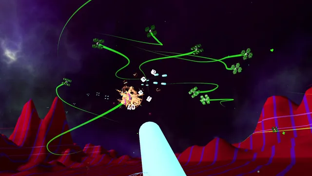 Green trails converging on a burst above red ridges, a score popup counting the hit.