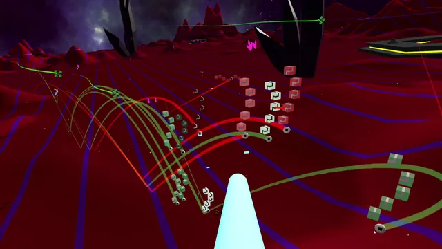 Skimming low over red terrain while tracer arcs curve up toward a drifting formation of cubes.
