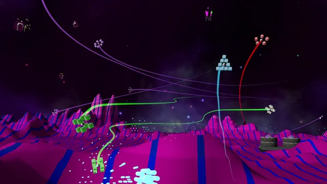 Magenta highlands under a deep starfield, cube formations trailing long curves across the sky.