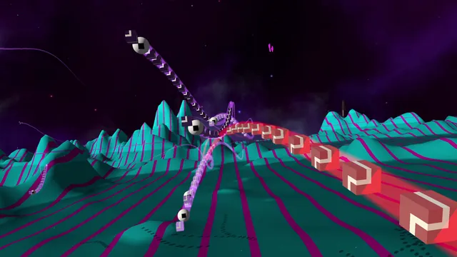 A long chain of cubes arcing across the sky over teal hills striped with magenta.