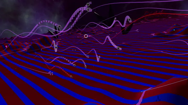 Banking low across red and blue striped terrain as chains of cubes weave past.